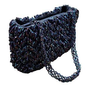 Vintage La Regale beaded evening bag navy blue iridescent top handle mini purse